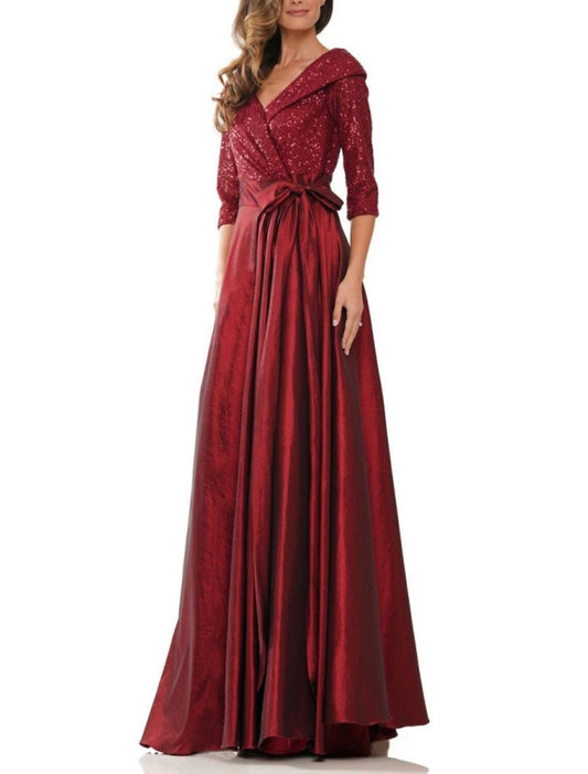 A-Line Evening Gown Elegant Dress Formal Black Dress Plus Size Floor Length Half Sleeve V Neck Satin with Bow(s) Pleats Sequin 2025