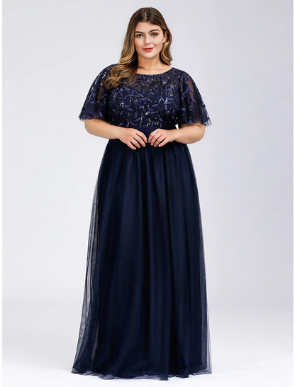 DingjiA-Line Prom Dresses Plus Size Dress Wedding Guest Prom Floor Length Short Sleeve Jewel Neck Bridesmaid Dress Chiffon with Appliques