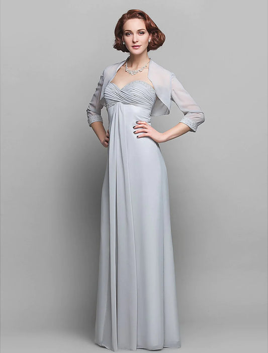 Sheath / Column Mother of the Bride Dress Wrap Included Sweetheart Floor Length Chiffon 3/4 Length Sleeve with Criss Cross Beading