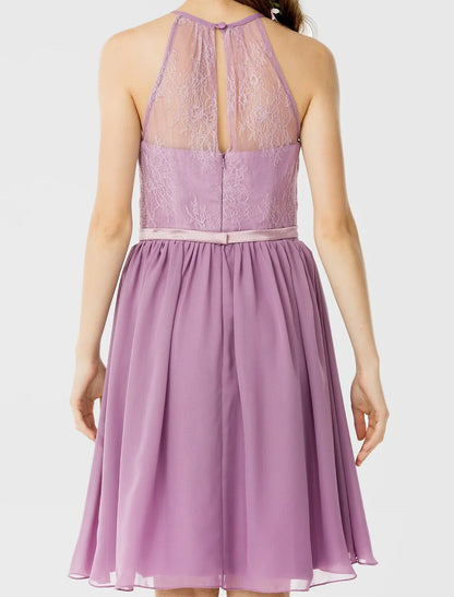 DingjiA-Line / Princess Halter Neck Knee Length Chiffon / Corded Lace Bridesmaid Dress with Sash / Ribbon / Pleats