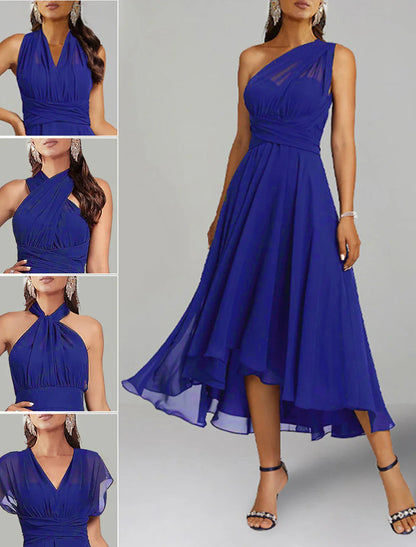 Aimishang A-Line Blue Wedding Guest Dresses Convertible Infinity Mother Dress Formal Tea Length Sleeveless One Shoulder Chiffon with Ruched