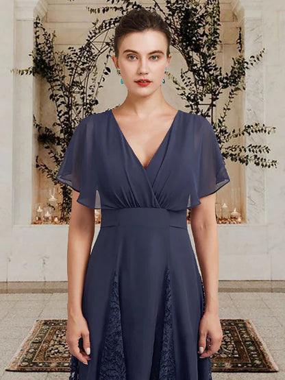 A-Line Mother of the Bride Dress Plus Size Elegant High Low V Neck Asymmetrical Chiffon Lace Short Sleeve with Pleats Appliques