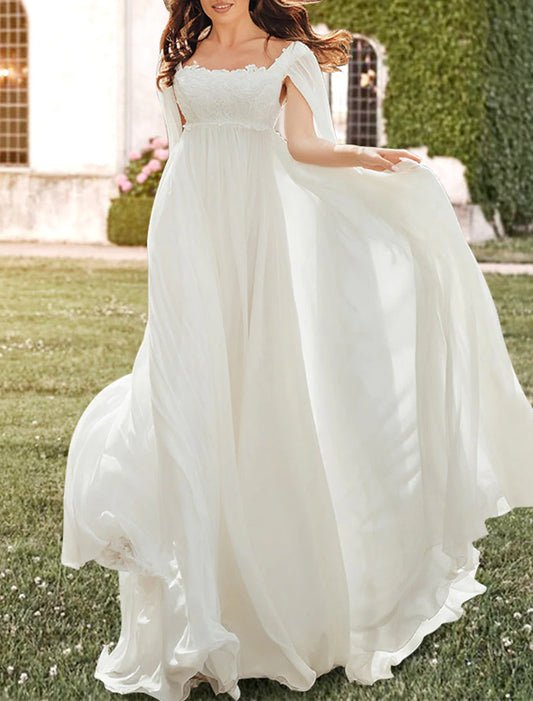 Aimishang Hall Casual Wedding Dresses A-Line Square Neck Sleeveless Sweep / Brush Train Chiffon Bridal Gowns With Pleats Appliques
