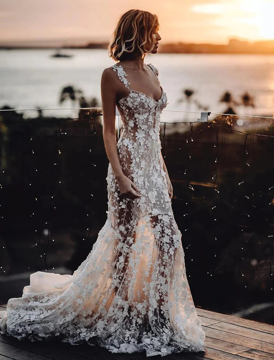 Aimishang Beach Sexy Boho Wedding Dresses Mermaid / Trumpet Sweetheart Regular Straps Court Train Lace Bridal Gowns With Appliques Summer Fall Wedding Party
