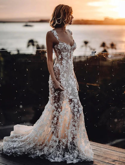 Aimishang Beach Sexy Boho Wedding Dresses Mermaid / Trumpet Sweetheart Regular Straps Court Train Lace Bridal Gowns With Appliques Summer Fall Wedding Party