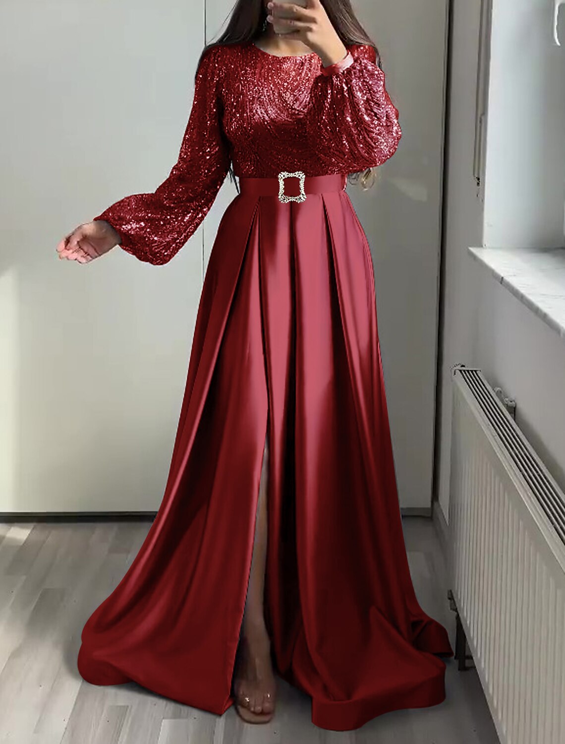 Aimishang A-Line Evening Gown Elegant Dress Wedding Black Tie Floor Length Long Sleeve Jewel Neck Fall Wedding Guest Satin with Sequin