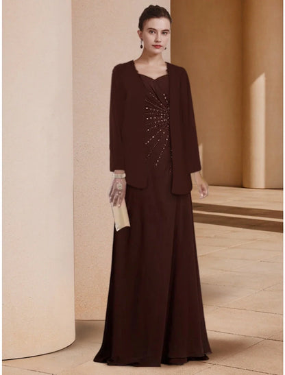 Aimishang Sheath / Column Mother of the Bride Dress Wedding Guest Elegant Scoop Neck Floor Length Stretch Chiffon Long Sleeve with Sequin Ruching