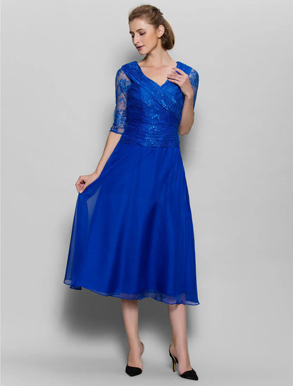 Aimishang  A-Line Mother of the Bride Dress Plus Size Elegant V Neck Tea Length Chiffon Lace Half Sleeve No with Lace Criss Cross Ruched