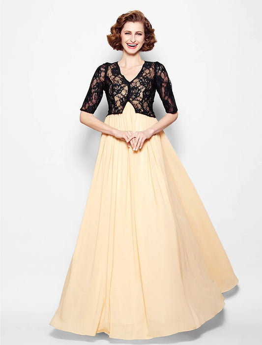 A-Line Mother of the Bride Dress Wrap Included V Neck Floor Length Chiffon Lace Half Sleeve yes with Lace