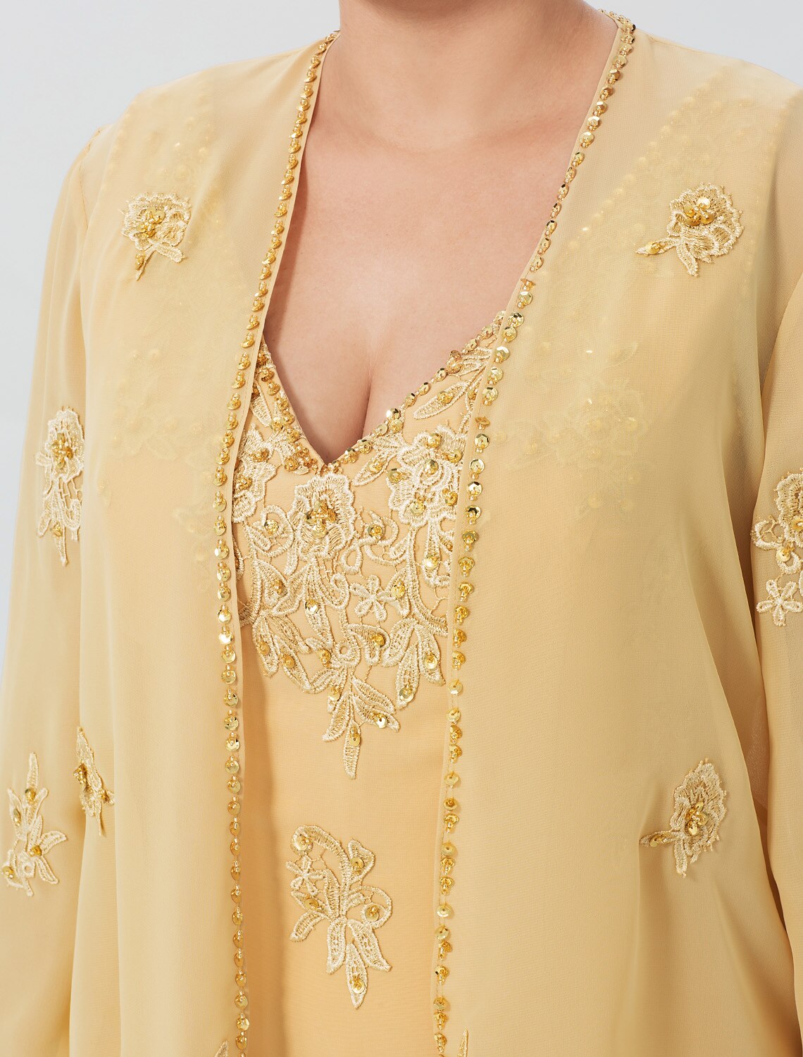 Aimishang A-Line Mother of the Bride Dress Formal Plus Size Elegant High Low V Neck Asymmetrical Chiffon Beaded Lace Long Sleeve Wrap Included with Beading Appliques