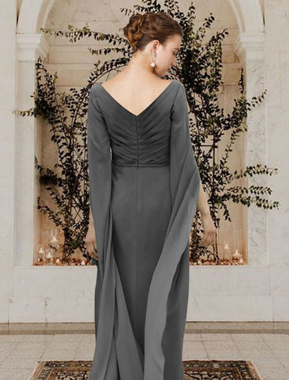 Aimishang  Sheath / Column Mother of the Bride Dress Elegant V Neck Floor Length Chiffon Half Sleeve with Beading Side-Draped