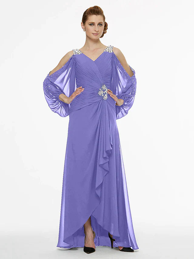 A-Line Mother of the Bride Dress High Low V Neck Asymmetrical Chiffon 3/4 Length Sleeve with Sash / Ribbon Pleats Beading