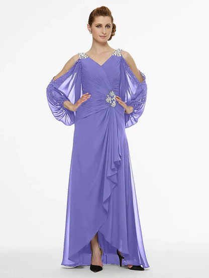 A-Line Mother of the Bride Dress High Low V Neck Asymmetrical Chiffon 3/4 Length Sleeve with Sash / Ribbon Pleats Beading