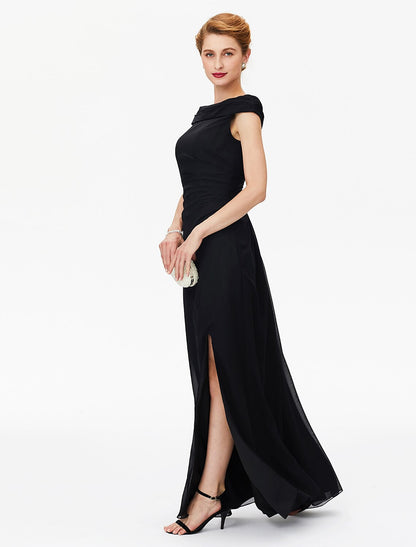 Aimishang Sheath / Column Mother of the Bride Dress Furcal Off Shoulder Floor Length Chiffon Short Sleeve No with Pleats Split Front