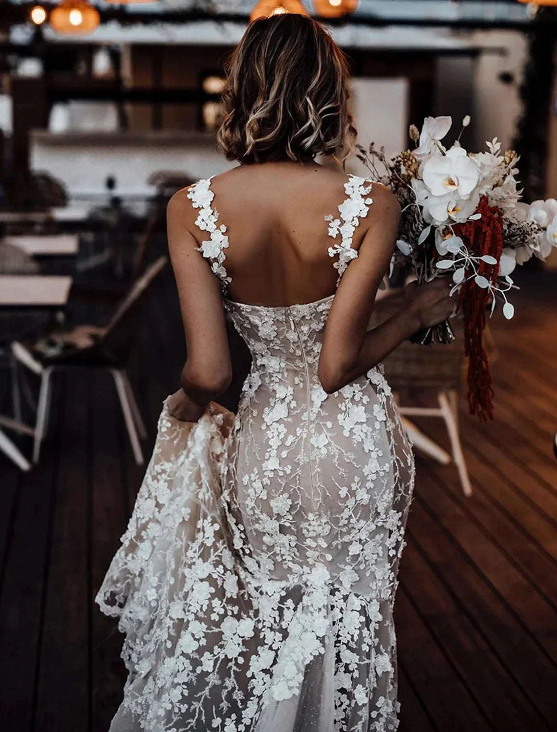 Aimishang Beach Sexy Boho Wedding Dresses Mermaid / Trumpet Sweetheart Regular Straps Court Train Lace Bridal Gowns With Appliques Summer Fall Wedding Party