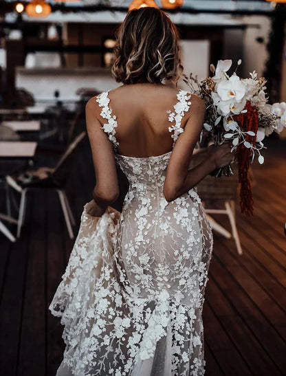 Aimishang Beach Sexy Boho Wedding Dresses Mermaid / Trumpet Sweetheart Regular Straps Court Train Lace Bridal Gowns With Appliques Summer Fall Wedding Party