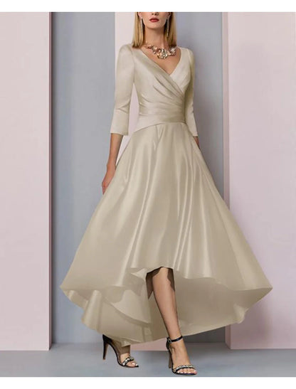 Aimishang  A-Line Mother of the Bride Dress Wedding Guest Elegant High Low V Neck Asymmetrical Ankle Length Satin Half Sleeve with Pleats Side-Draped