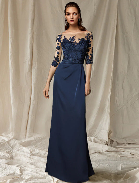 Aimishang  Sheath / Column Mother of the Bride Dress Wedding Guest Plus Size Elegant Jewel Neck Sweep / Brush Train Chiffon Half Sleeve with Appliques Fall