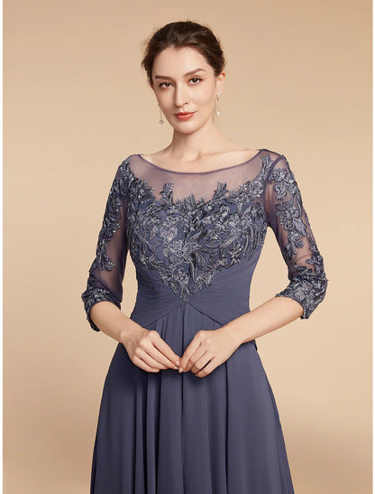 Aimishang  A-Line Mother of the Bride Dress Elegant V Neck Floor Length Chiffon Lace 3/4 Length Sleeve with Ruffles Appliques