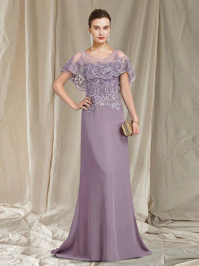 DingjiSheath / Column Mother of the Bride Dress Elegant Jewel Neck Sweep / Brush Train Chiffon Lace Sleeveless with Ruffles Appliques