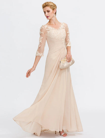 Aimishang A-Line Mother of the Bride Dress Fall Wedding Guest Dresses Plus Size Elegant See Through V Neck Floor Length Chiffon Half Sleeve with Appliques Side Draping