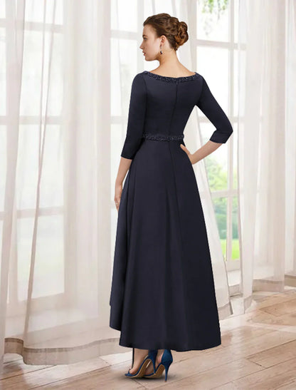 Aimishang A-Line Mother of the Bride Dress Elegant High Low V Neck Asymmetrical Tea Length Satin Half Sleeve with Beading