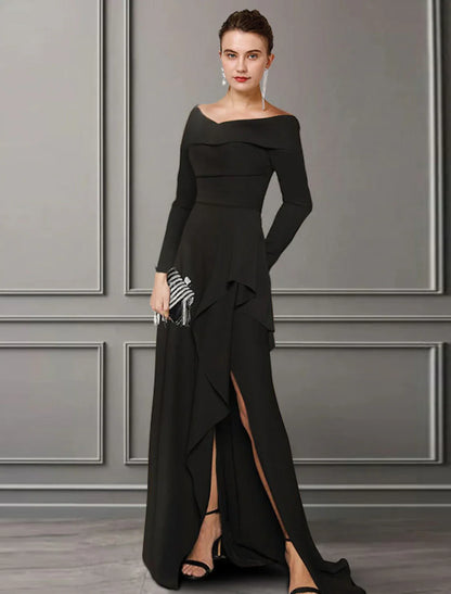 Aimishang  A-Line Mother of the Bride Dress Elegant Off Shoulder Sweep / Brush Train Lace Stretch Fabric Long Sleeve with Ruched Split Front