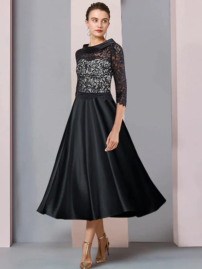 A-Line Mother of the Bride Dress Formal Wedding Guest Party Elegant Bateau Neck Tea Length Satin Lace Half Sleeve with Pleats Appliques