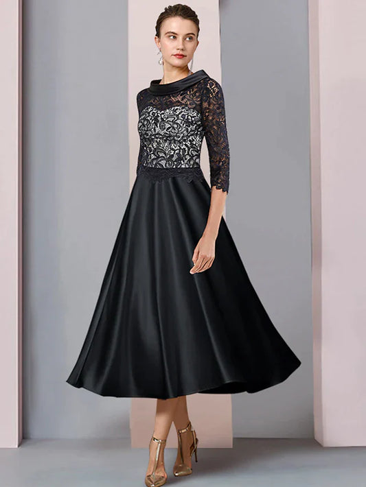 A-Line Mother of the Bride Dress Formal Wedding Guest Party Elegant Bateau Neck Tea Length Satin Lace Half Sleeve with Pleats Appliques