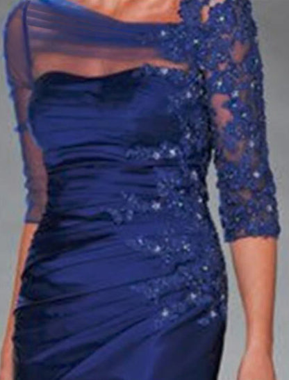 Sheath / Column Mother of the Bride Dress Wedding Guest Elegant See Through Bateau Neck Knee Length Taffeta 3/4 Length Sleeve with Beading Appliques Ruching