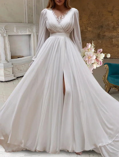 Aimishang Bridal Shower Little White Dresses Wedding Dresses A-Line Scoop Neck Long Sleeve Sweep / Brush Train Chiffon Bridal Gowns With Pleats Appliques