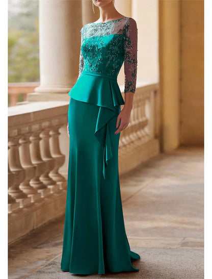 Mermaid/Small Mother of the bride dresses Wedding Guests Elegant Retro Party Illusion Neckline and Floor Length Lace  Fabric 3/4 Long Sleeves Half Sleeve Belt/Ribbon Pleated Beads