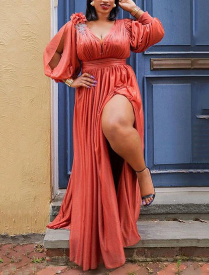 Women‘s Plus Size Curve Party Dress Solid Color V Neck Ruched 3/4 Length Sleeve Spring Fall Elegant Formal Prom Dress Maxi long Dress Party Back to School Dress Homecoming Dress