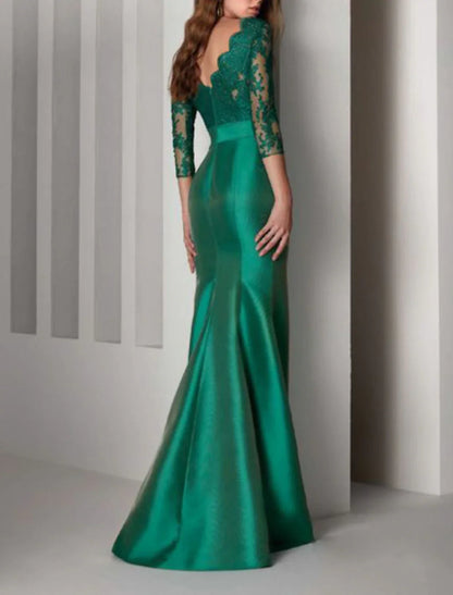 Aimishang Mermaid Beautiful Back Elegant Red Green Dress Formal Evening Dress Scalloped Neckline V Back 3/4 Length Sleeve Floor Length Lace with Sash / Ribbon Embroidery