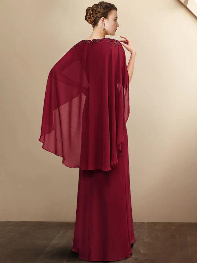 A-Line Mother of the Bride Dress Plus Size Elegant V Neck Floor Length Chiffon Half Sleeve with Pleats Beading Ruffles