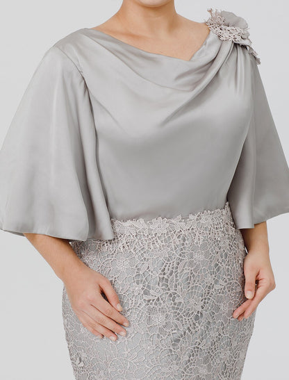 Aimishang Mermaid / Trumpet Mother of the Bride Dress Plus Size Sexy Cowl Neck Sweep / Brush Train Satin Chiffon Lace Over Satin Half Sleeve No with Appliques