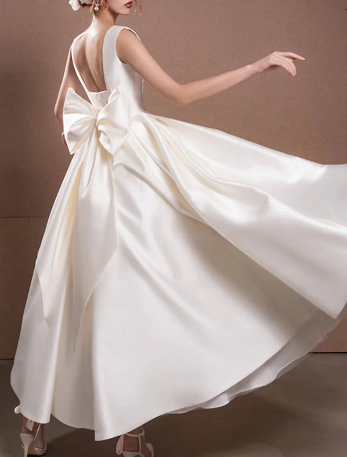 Aimishang Reception Simple Wedding Dresses Wedding Dresses A-Line Off Shoulder Cap Sleeve Tea Length Satin Bridal Gowns With Pleats Ruched