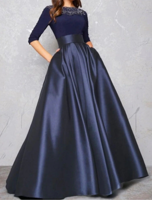 Aimishang Ball Gown Evening Gown Minimalist Dress Quinceanera Formal Evening Floor Length Half Sleeve Illusion Neck Fall Wedding Guest Satin with Pleats Lace Insert