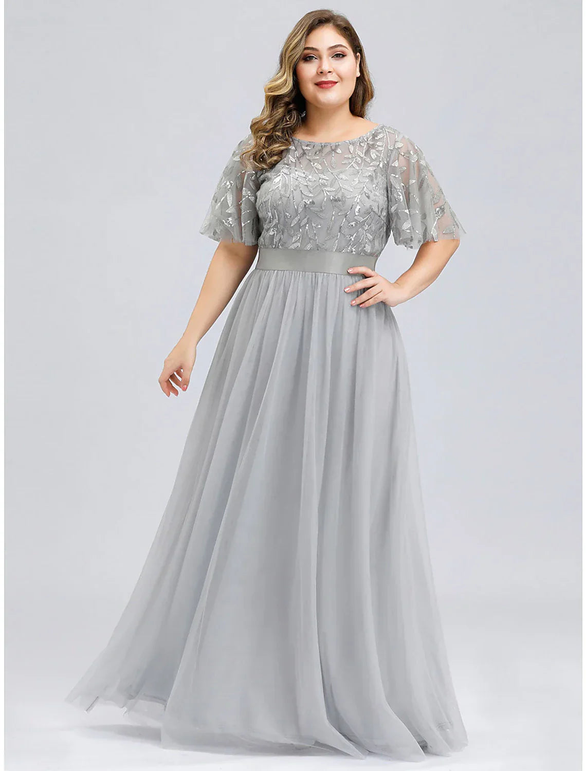 DingjiA-Line Prom Dresses Plus Size Dress Wedding Guest Prom Floor Length Short Sleeve Jewel Neck Bridesmaid Dress Chiffon with Appliques