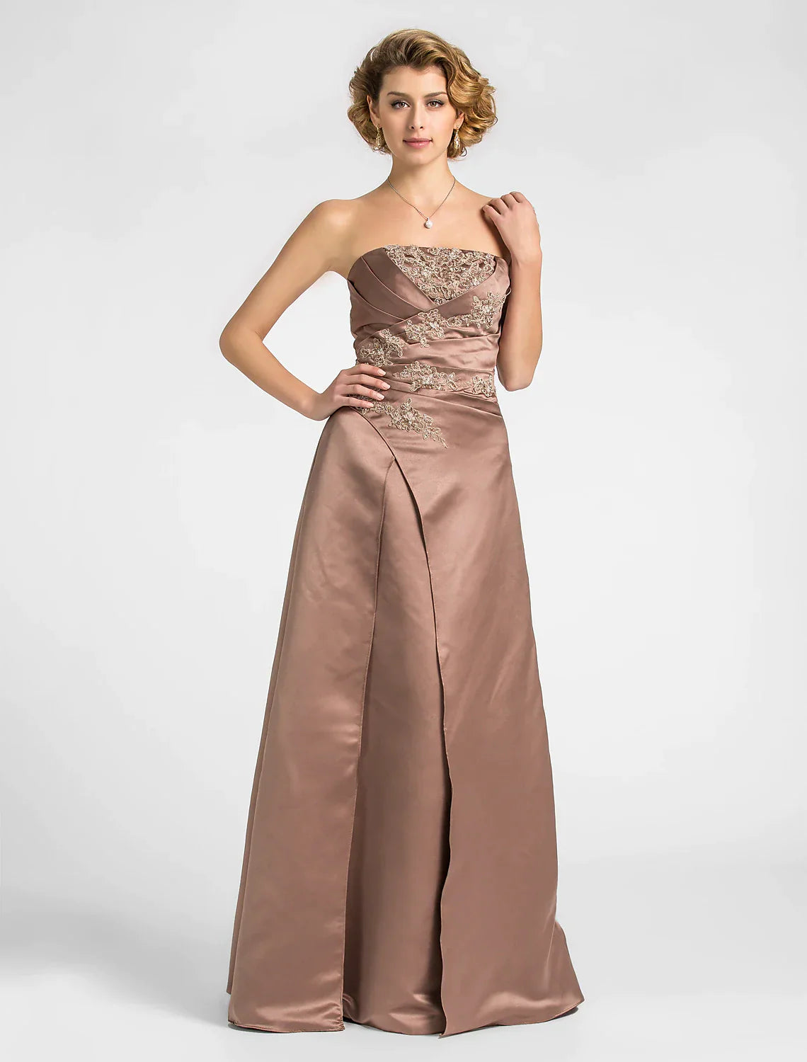 A-Line Mother of the Bride Dress Strapless Floor Length Satin Lace Sleeveless with Criss Cross Beading Appliques