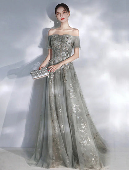 Aimishang A-Line Evening Gown Glittering Dress Engagement Floor Length Short Sleeve Off Shoulder Spandex with Sequin Appliques