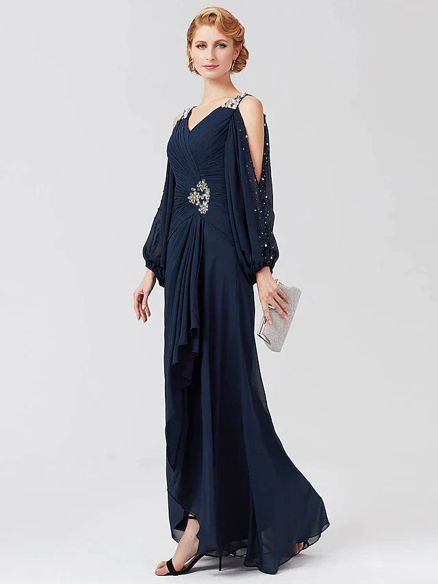 A-Line Mother of the Bride Dress High Low V Neck Asymmetrical Chiffon 3/4 Length Sleeve with Sash / Ribbon Pleats Beading