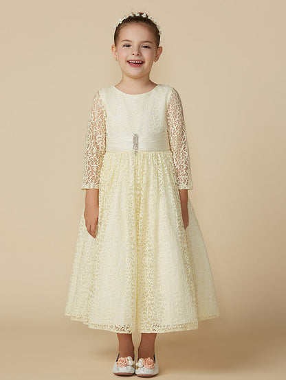 Lace 3/4 Length Sleeve A-Line Tea Length Party Dress with Sash Ribbon & Crystal Brooch