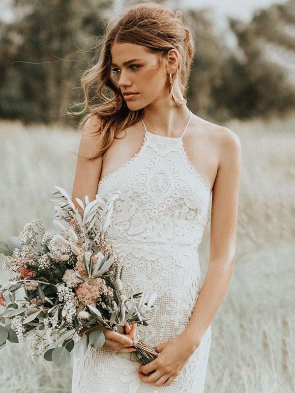 Lace A Line Boho Wedding Dress Halter Sleeveless Bridal Gown With Train