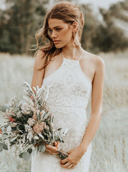 Lace A Line Boho Wedding Dress Halter Sleeveless Bridal Gown With Train