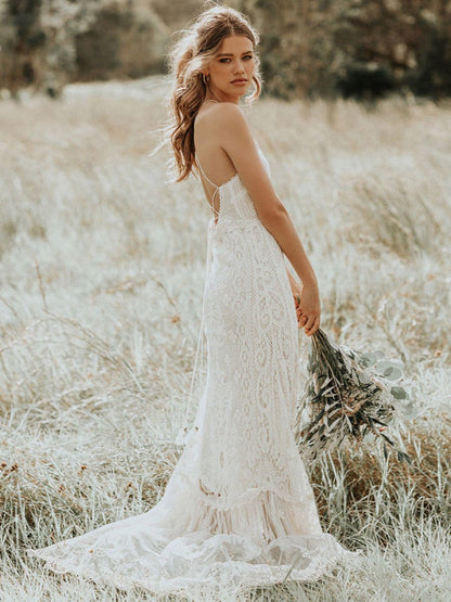 Lace A Line Boho Wedding Dress Halter Sleeveless Bridal Gown With Train