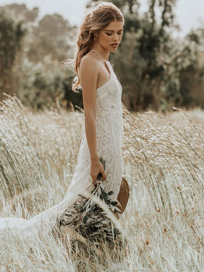 Lace A Line Boho Wedding Dress Halter Sleeveless Bridal Gown With Train