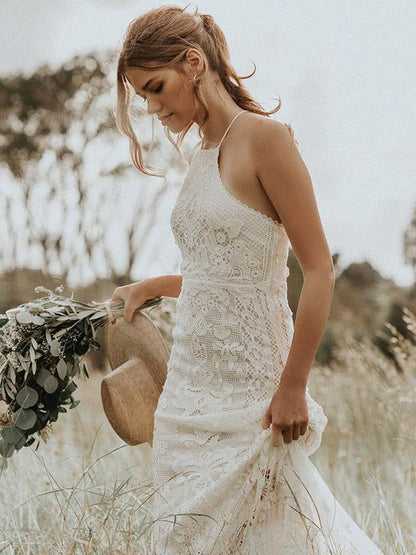 Lace A Line Boho Wedding Dress Halter Sleeveless Bridal Gown With Train