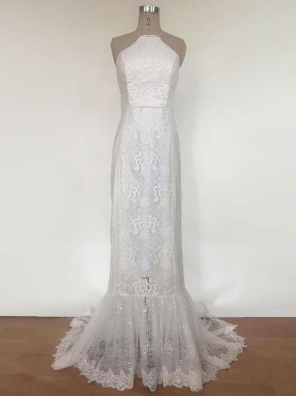 Lace A Line Boho Wedding Dress Halter Sleeveless Bridal Gown With Train