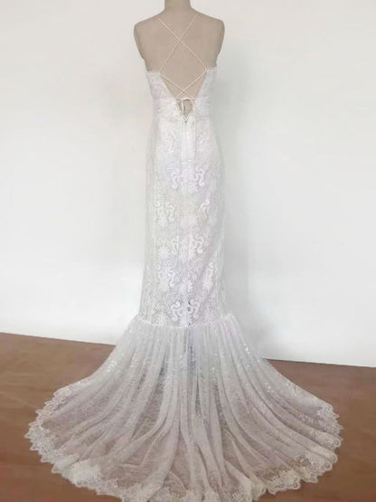 Lace A Line Boho Wedding Dress Halter Sleeveless Bridal Gown With Train
